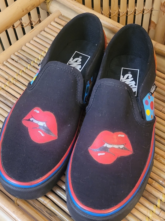 Vans Shoes - Vans Black Slip-On Sneakers with Red Lip Graphic and Multicolor Accents
